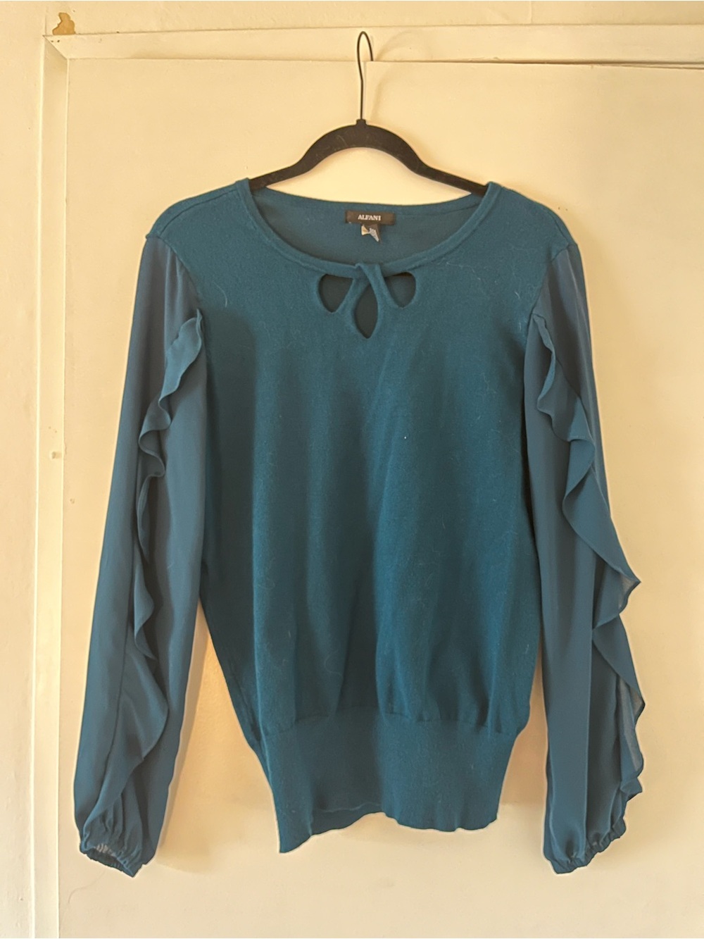 Alfani Teal Ruffle-Sleeve Keyhole Knit Top